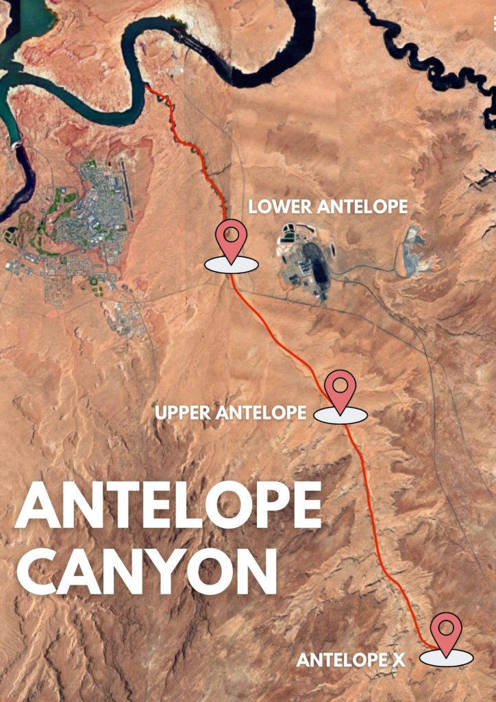 Carte Upper antelope canyon, lower antelope canyon et antelope canyon X