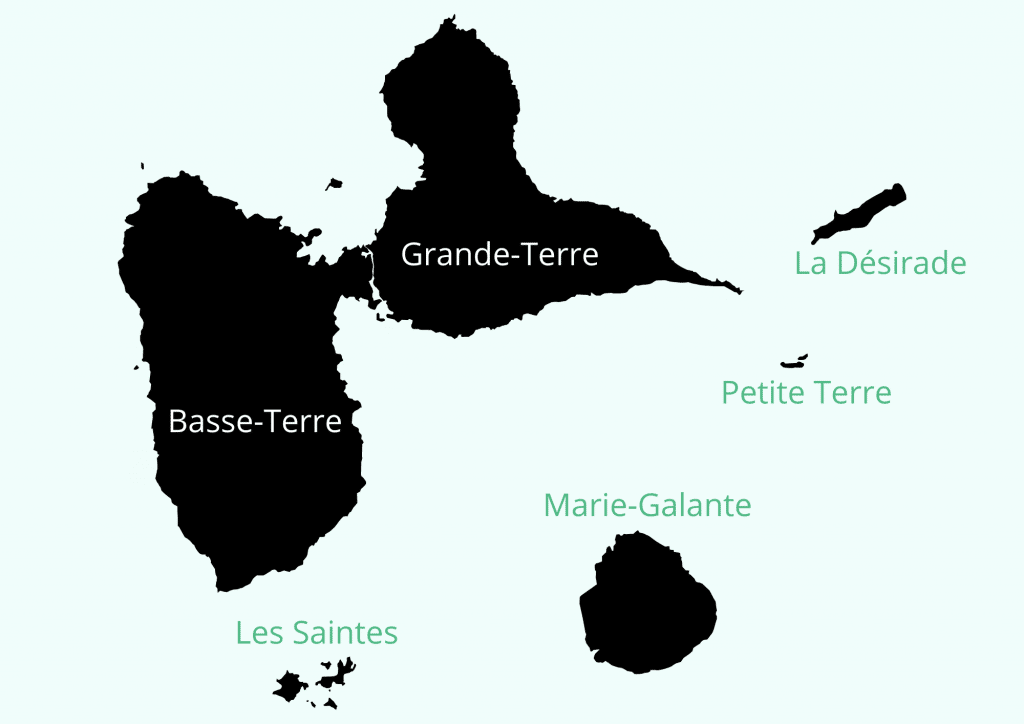 La carte de la Guadeloupe qui situe Grande-terre et Basse-Terre ainsi que les îles voisines Les Saintes, Marie-Galante, Petite Terre et La Désirade